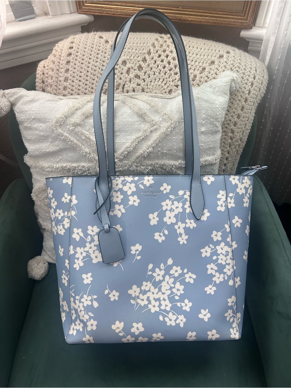 kate spade Blue Floral Tote with White Blossom Print